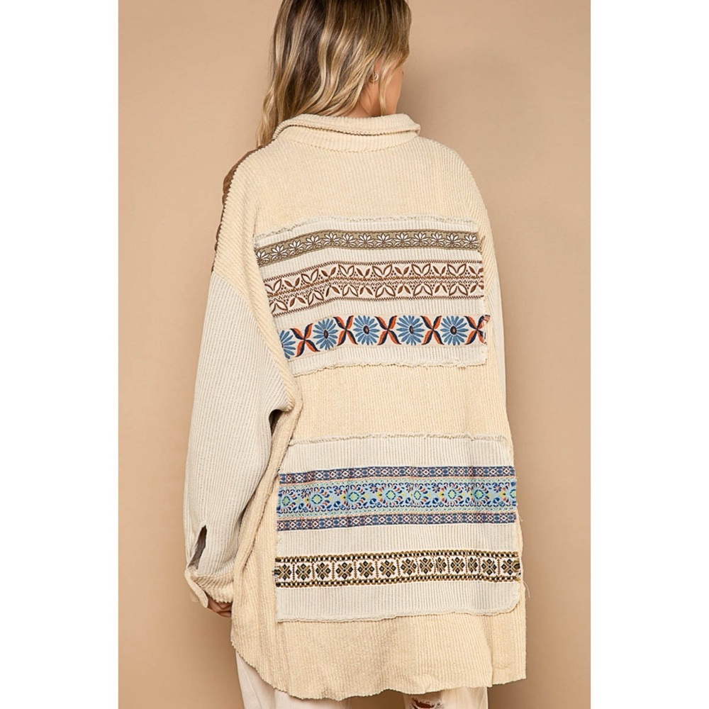 POL Beige Tan Mixed Knit Sweater Shirt | Oversized Luxe Neutral Boho Jacket - Picture 4 of 8